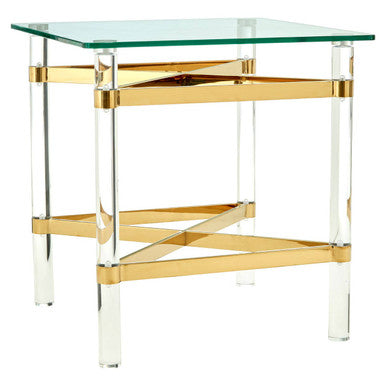 Clearance side table with clear glass top gold-toned metal accents and acrylic legs perfect for rooms feeling open