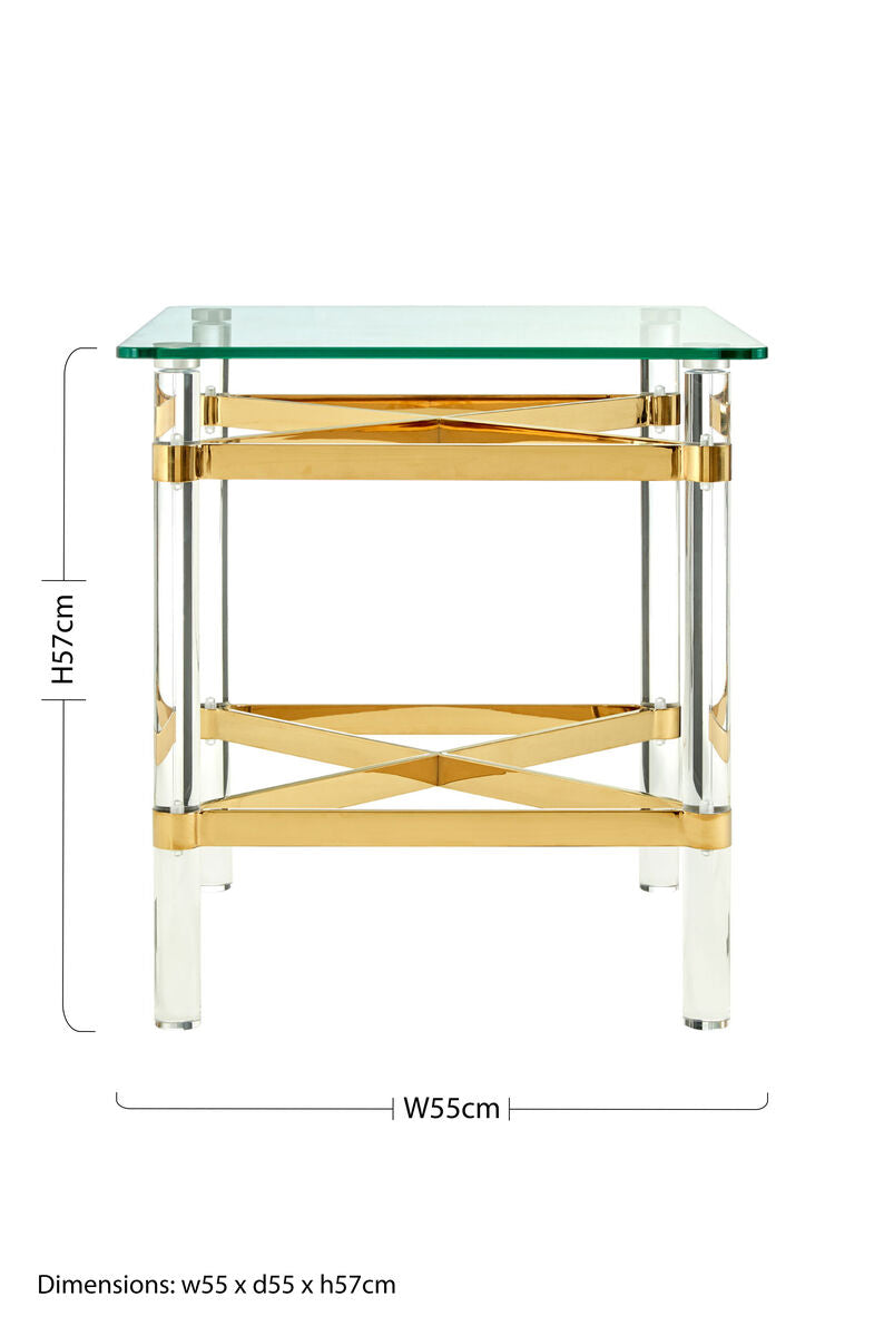 Clarence side table with clear glass top and acrylic legs with gold-tone cross-bracing keeps rooms feeling open