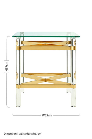 Clarence side table with clear glass top and acrylic legs with gold-tone cross-bracing keeps rooms feeling open