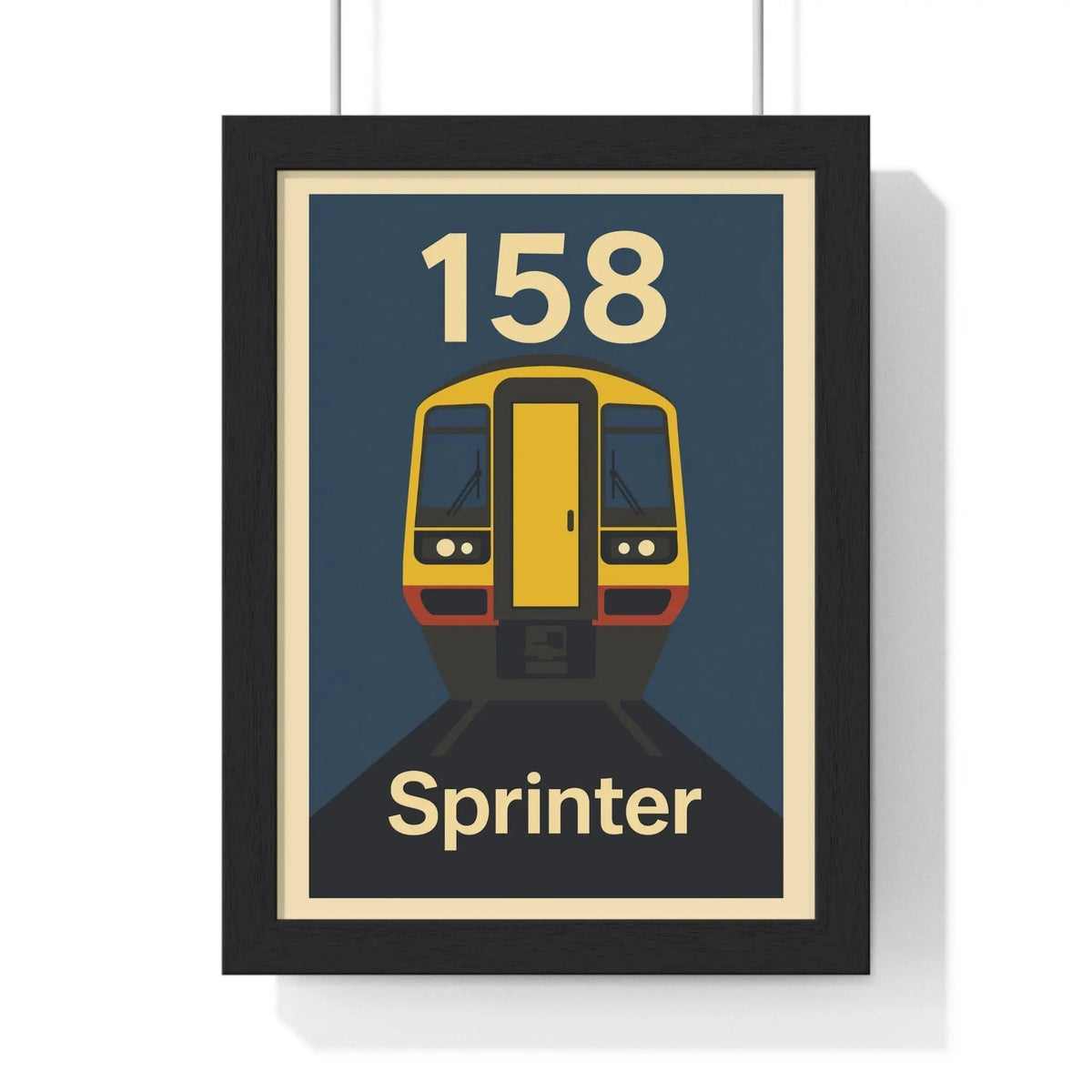 A framed sprinter train poster featuring a yellow and red class 158 regional railways design on a dark blue background