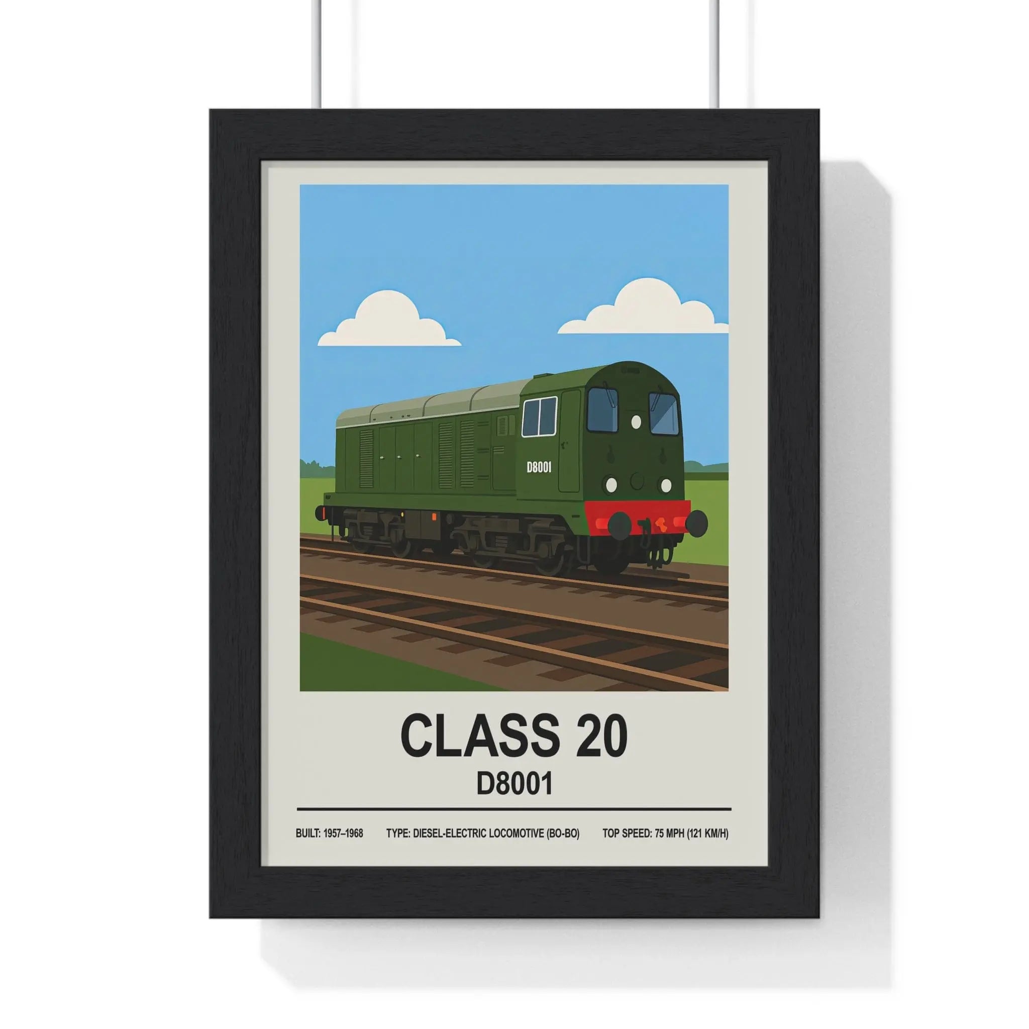 Green and red class 20 d8001 br green diesel train poster in a black frame perfect for wall art