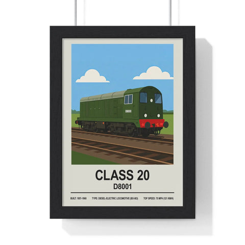 Green and red class 20 d8001 br green diesel train poster in a black frame perfect for wall art