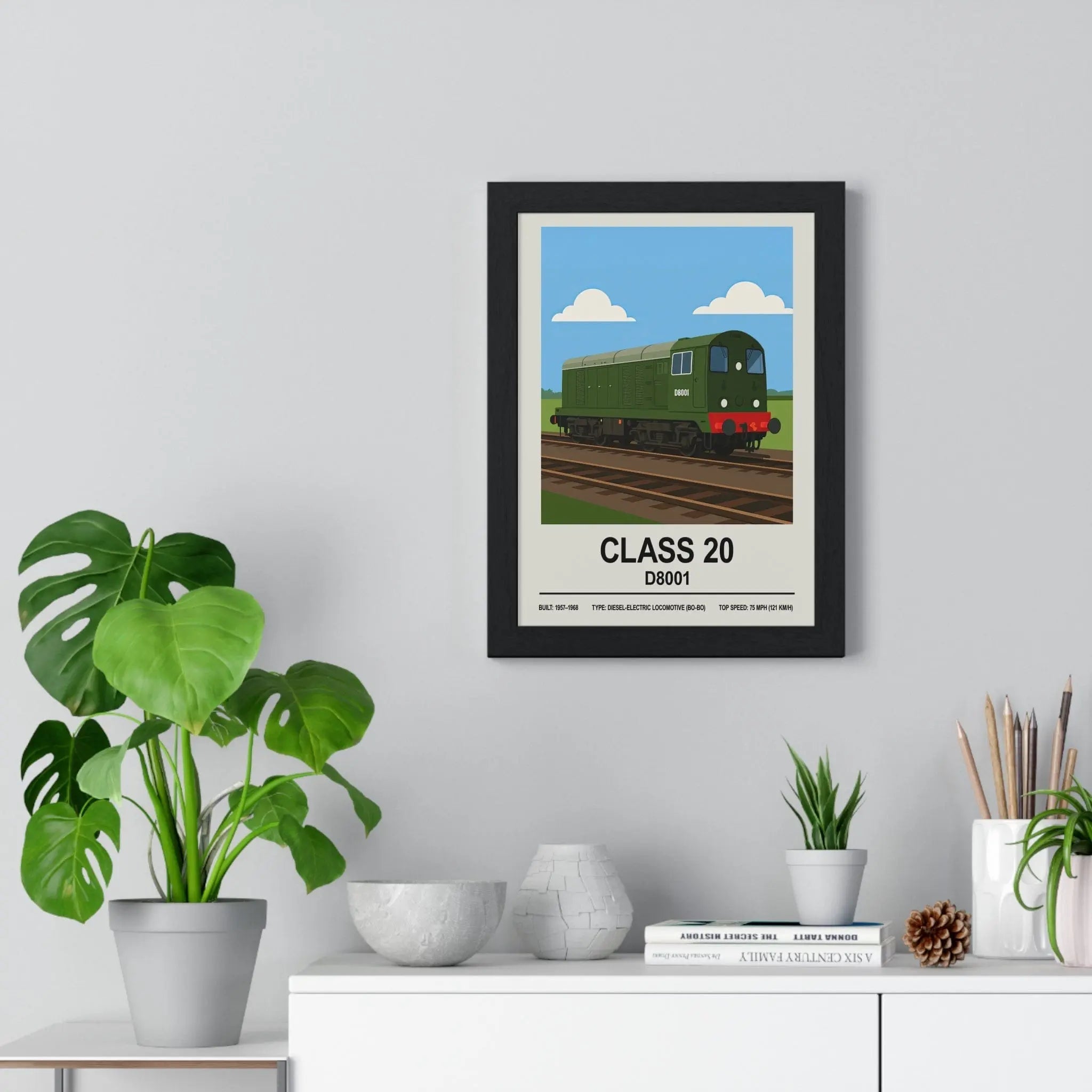 Class 20 poster featuring d8001 br green diesel train in a black frame perfect for train wall art decor