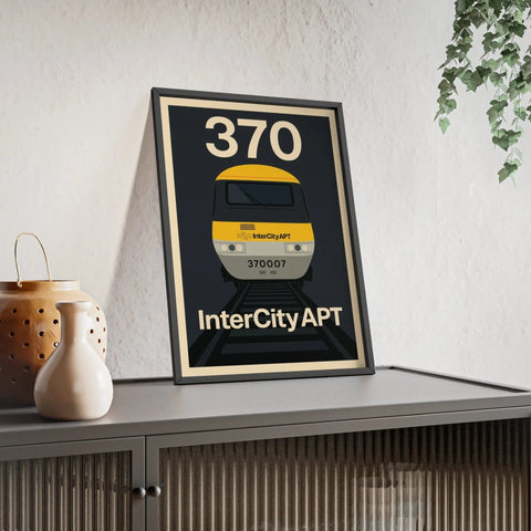 Black-framed apt poster featuring a stylized yellow and gray advanced passenger train with number 370 for retro wall art