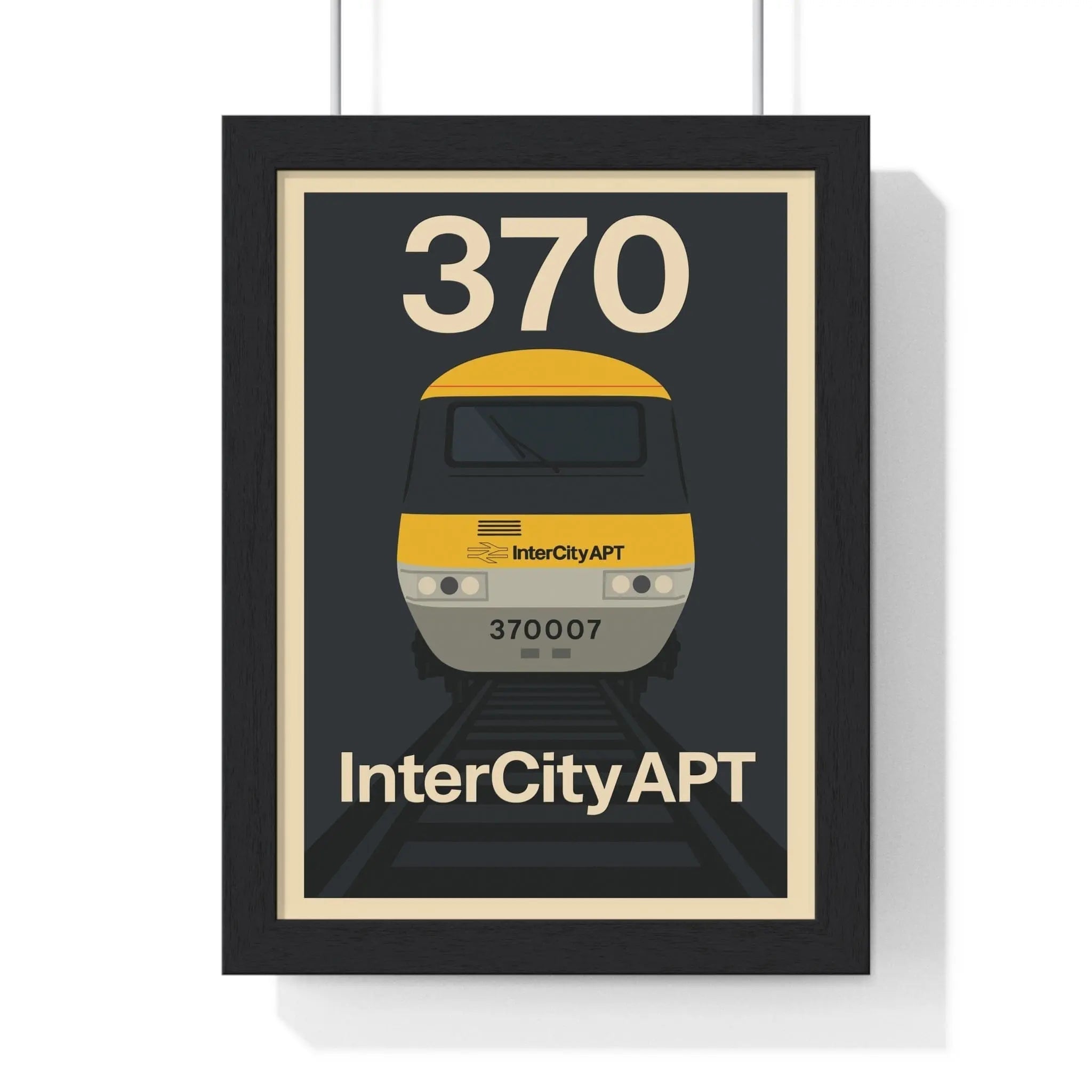 Black-framed apt poster featuring a stylized yellow and gray advanced passenger train with number 370 for wall art
