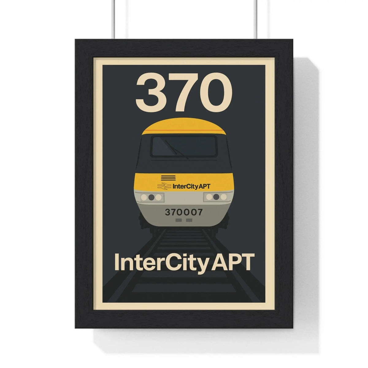 Black-framed apt poster featuring a stylized yellow and gray advanced passenger train with number 370 for wall art