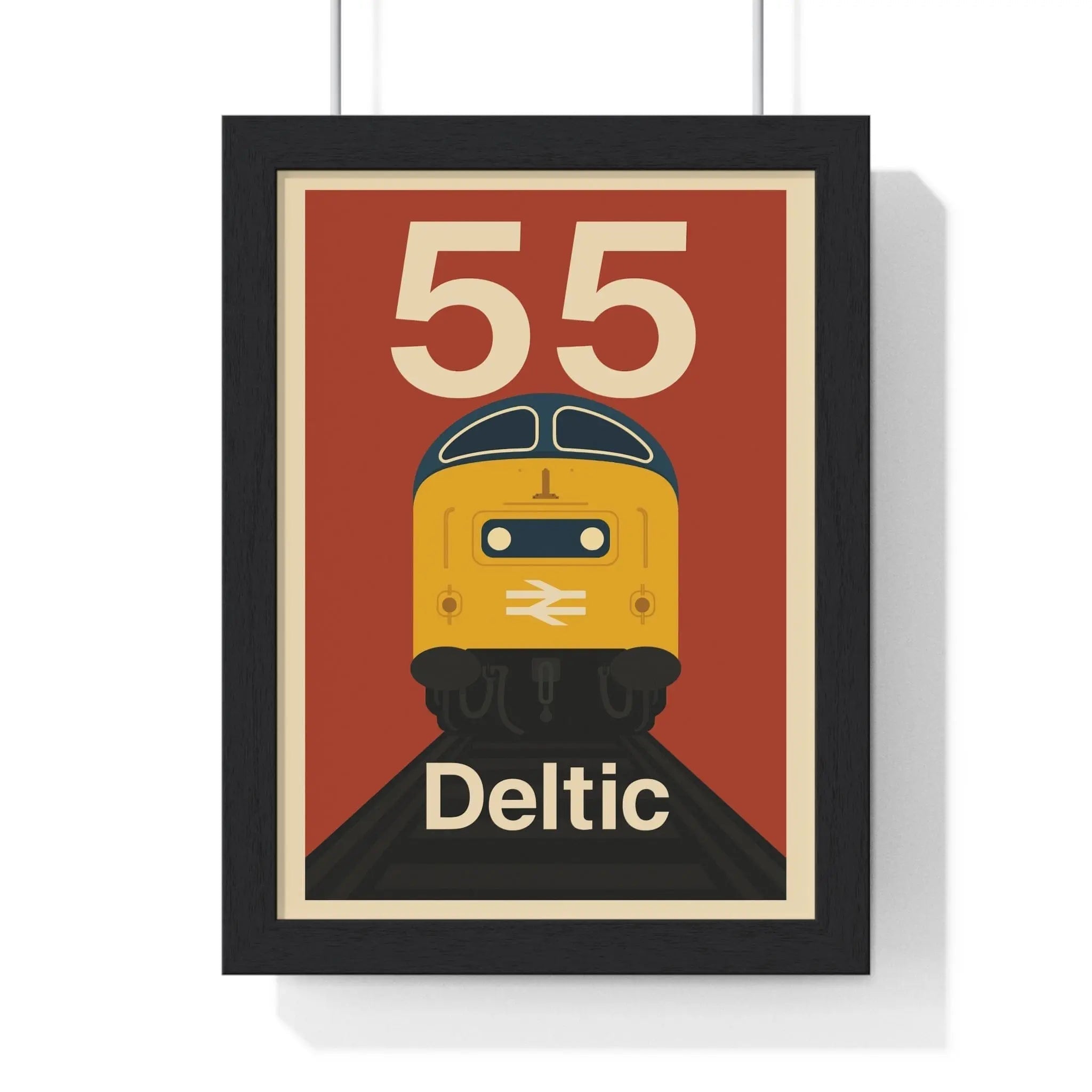 Framed vintage-style deltic poster featuring a yellow and black british rail train on a red background with number 55