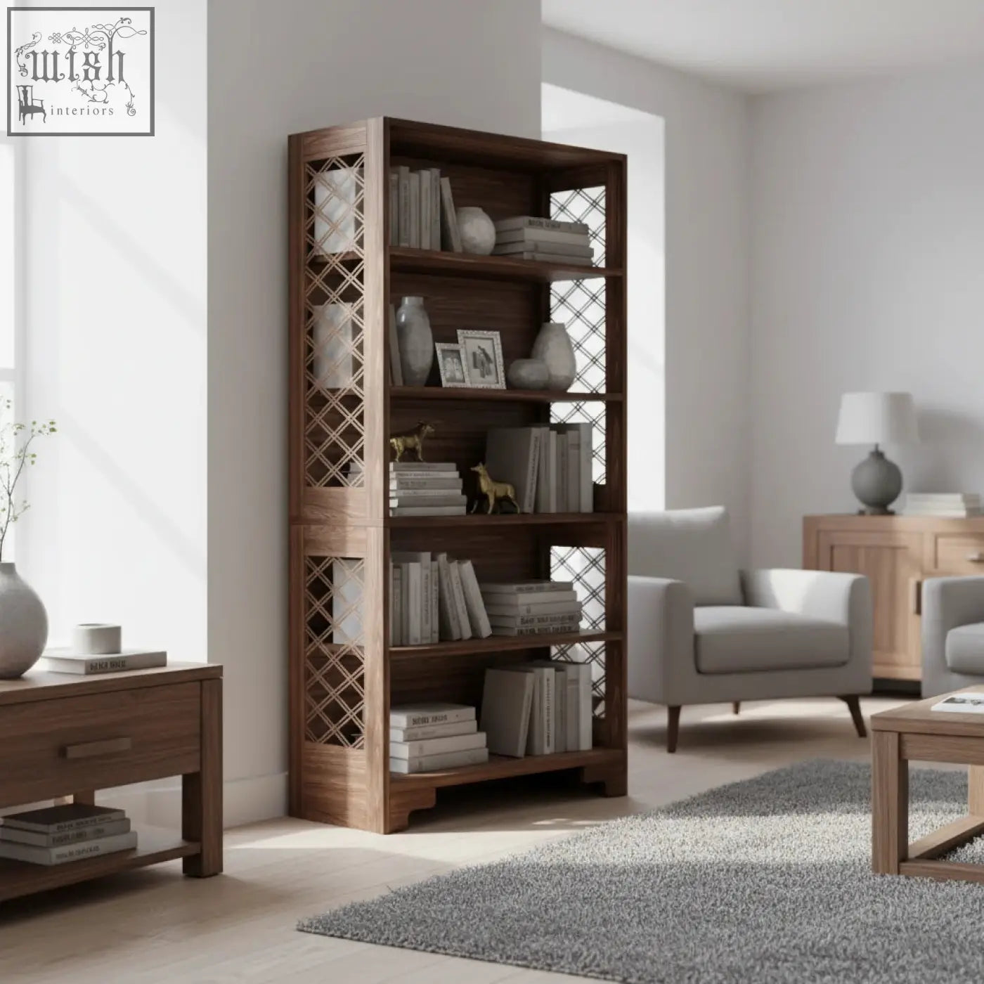 Dark wood walnut bookshelf with lattice side panels filled with books vases and photos in a traditional library display