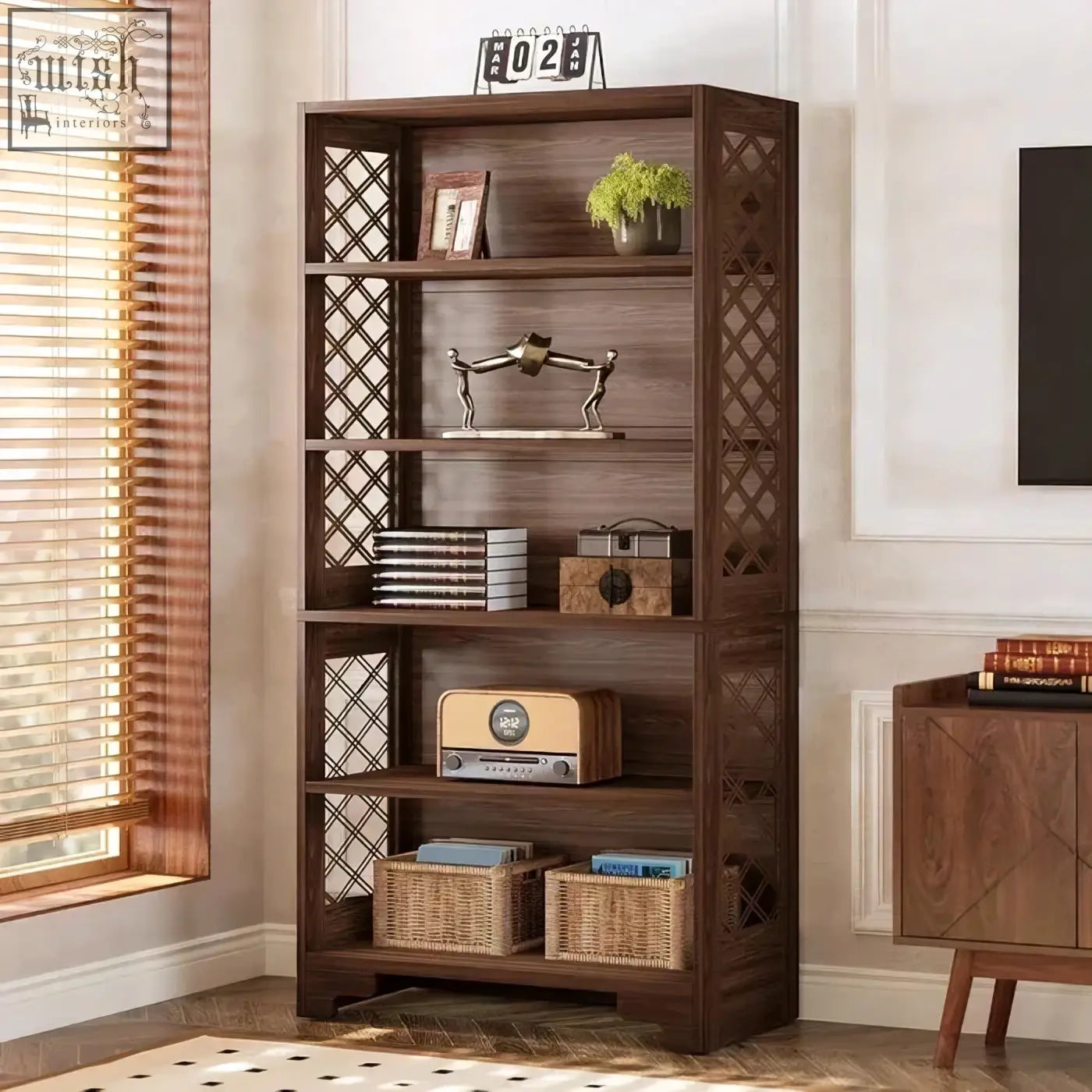 Dark brown walnut bookshelf with lattice side panels and multiple shelves for traditional library display and decor