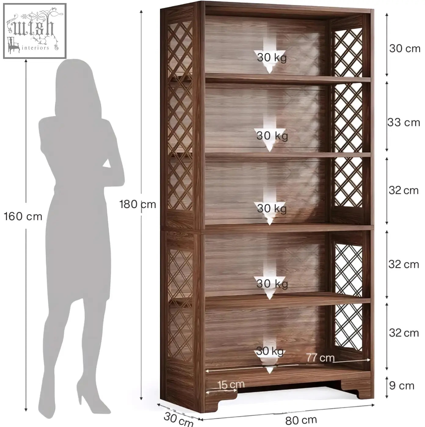 Dark brown walnut bookshelf with lattice side panels and five sturdy shelves for a traditional library display