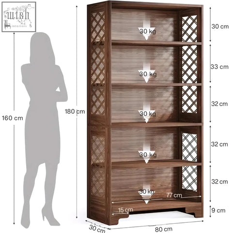 Dark brown walnut bookshelf with lattice side panels and five sturdy shelves for a traditional library display