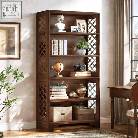 Dark wood walnut bookshelf with lattice side panels and five shelves for a traditional library display with books and plants
