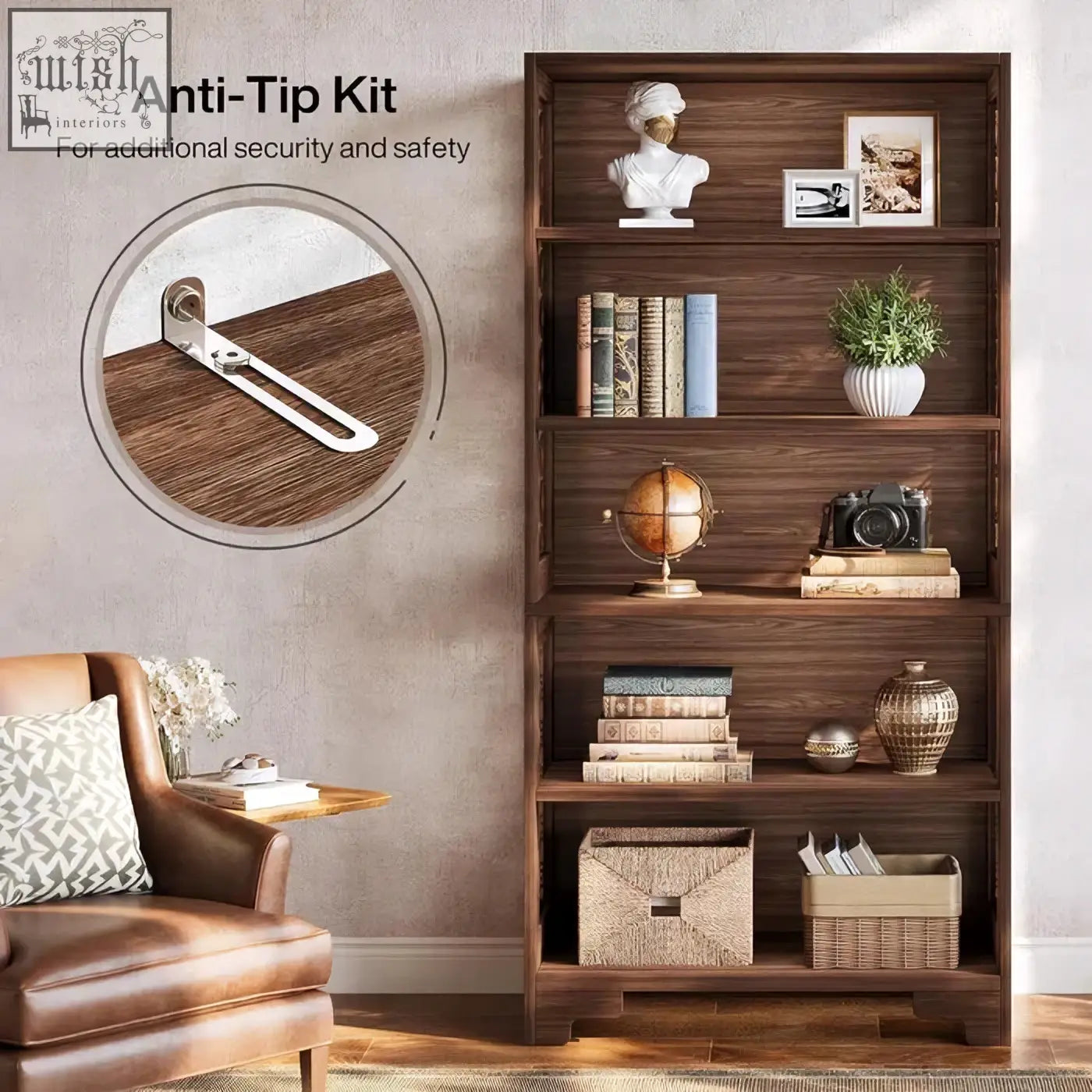 Dark wood walnut bookshelf with five shelves holding books decorative items and baskets for a traditional library display