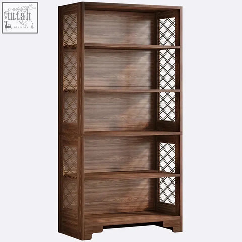 Dark brown walnut bookshelf with lattice side panels perfect for a traditional library display or classic 5-tier storage