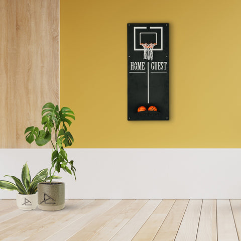 Black wall-mounted classic basketball wall game with home guest scoreboard and two orange balls below target area