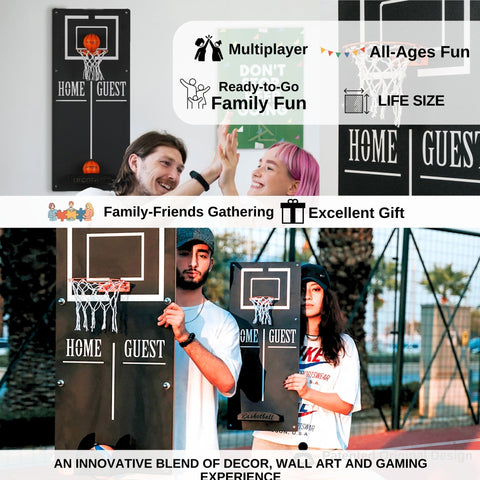 Classic basketball wall game with black wall-mounted hoop netting and labeled home guest target area for family fun play