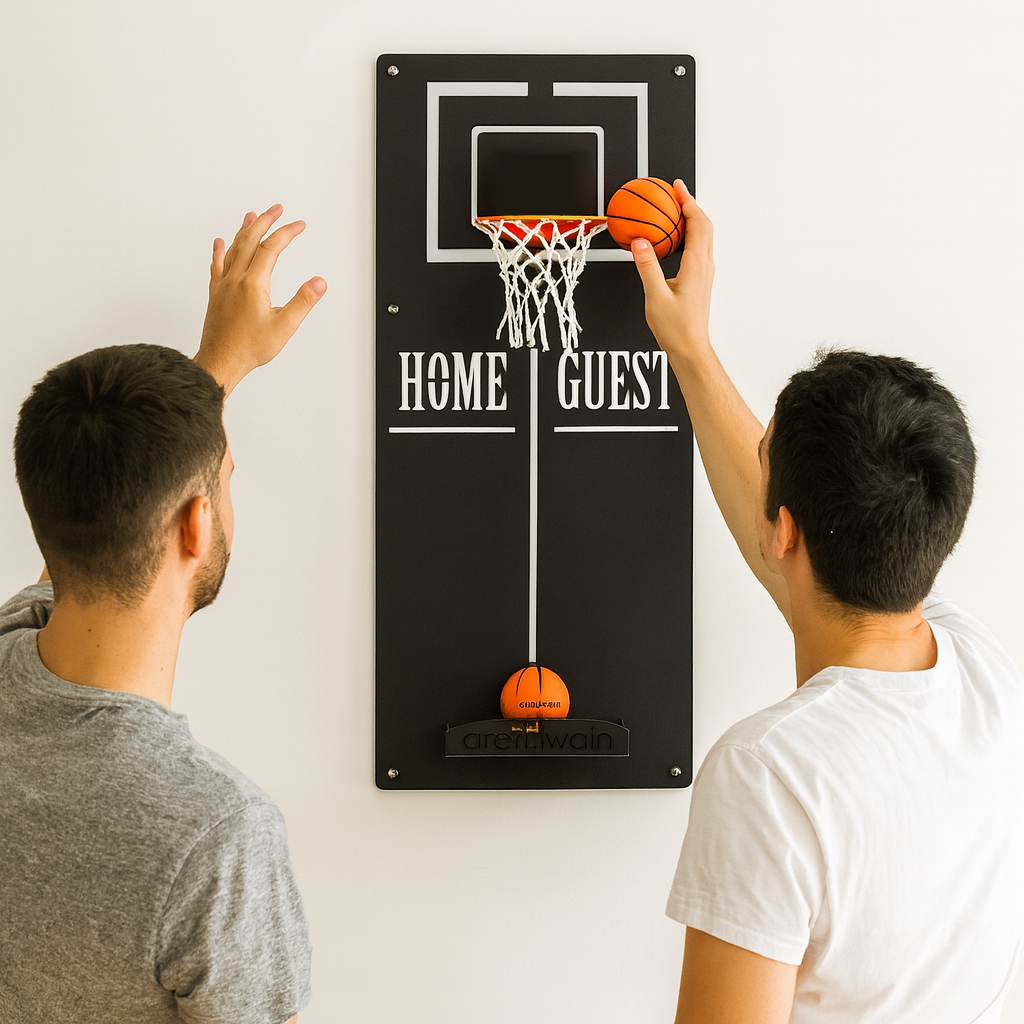 Classic basketball wall game with black wall-mounted hoop white net home guest text and two orange balls in target area