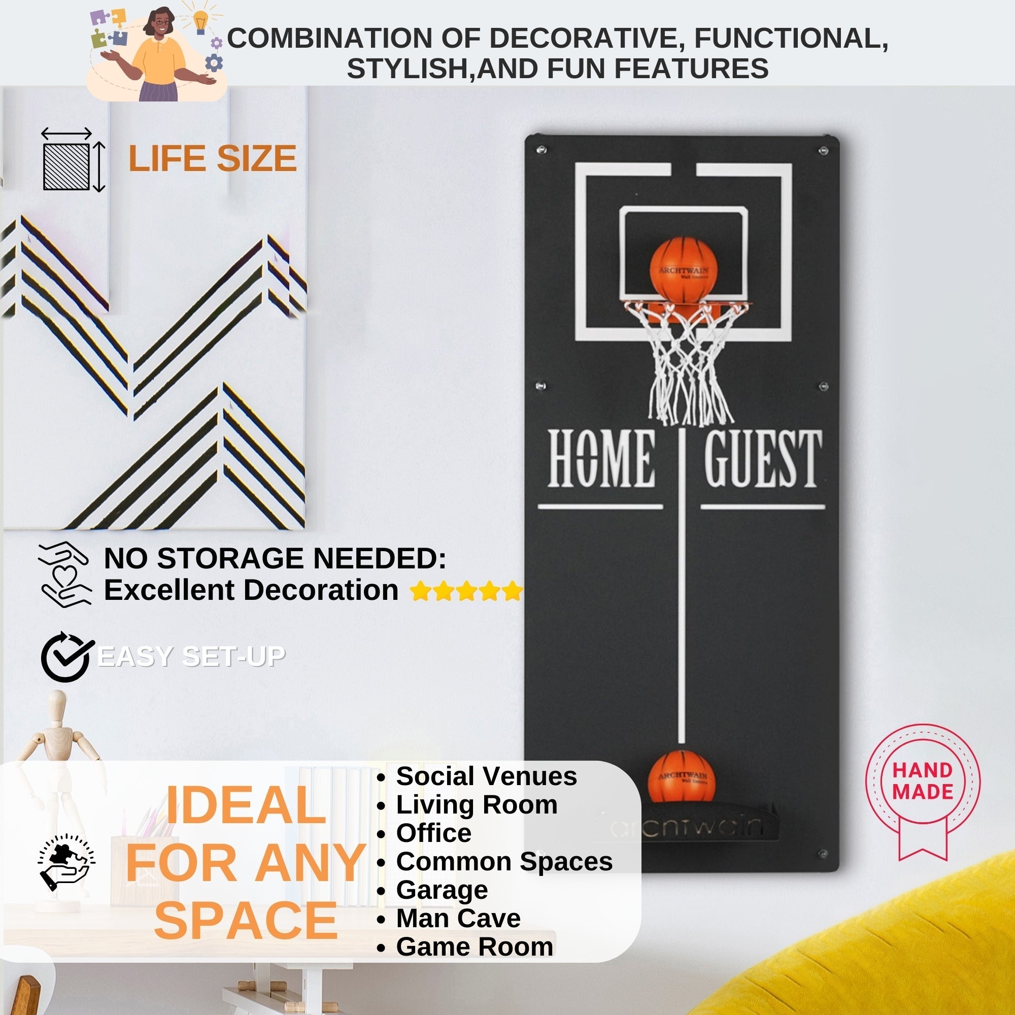Classic basketball wall game with black wall game hoop white trim home guest text and orange balls in the target area