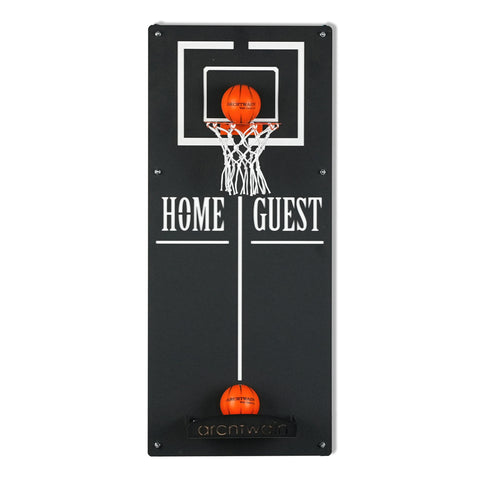 Classic basketball wall game with black wall game board, white outlined hoop target area, and two orange spalding balls