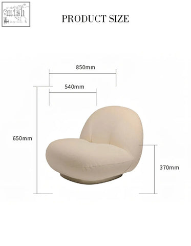 Cream-colored plush cushioned pacha lounge chair with rounded modern design and gold base in boucle fabric