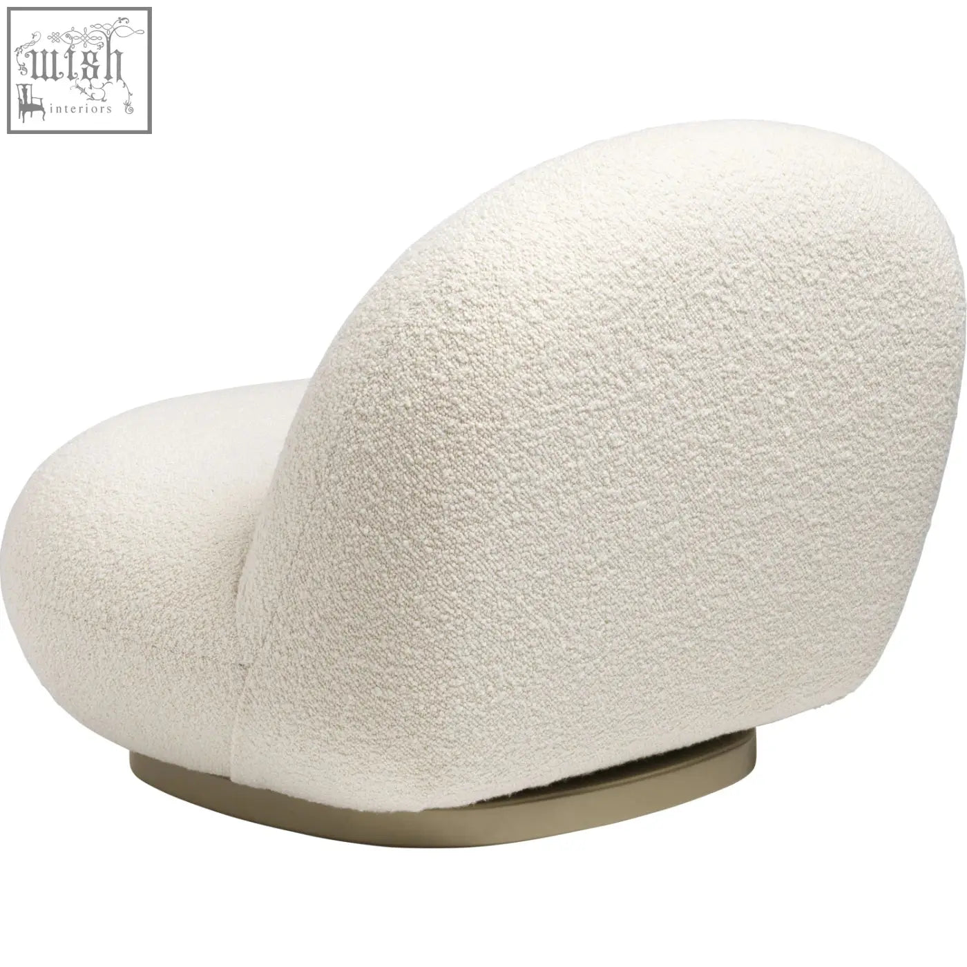 Cream-colored plush boucle pacha lounge chair with rounded design and sleek gold metallic base perfect for lounging