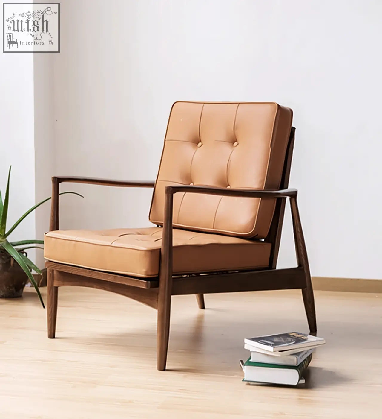 Classic c02 armchair tan leather armchair with tufted back and dark wood legs and arms