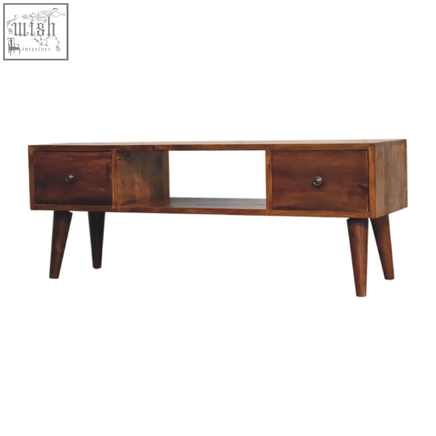 Classic chestnut coffee table in solid mango wood with clear lacquer finish dark brown tapered legs and drawers