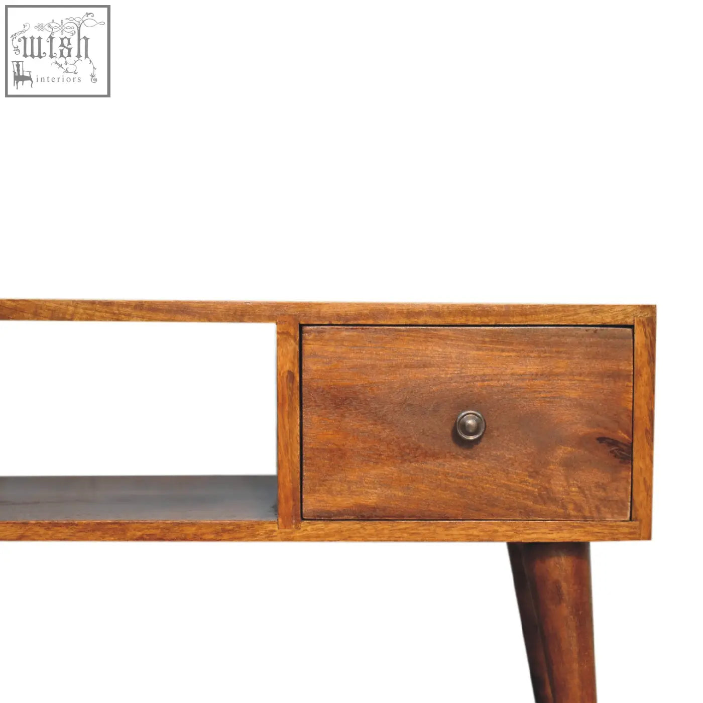 Classic chestnut coffee table mid-century modern wooden console with tapered legs and solid mango wood clear lacquer finish