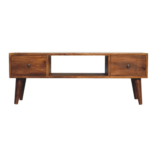 Classic chestnut coffee table mid-century wooden tv stand with two drawers in solid mango wood and clear lacquer finish