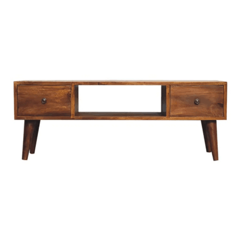 Classic chestnut coffee table mid-century wooden tv stand with two drawers in solid mango wood and clear lacquer finish