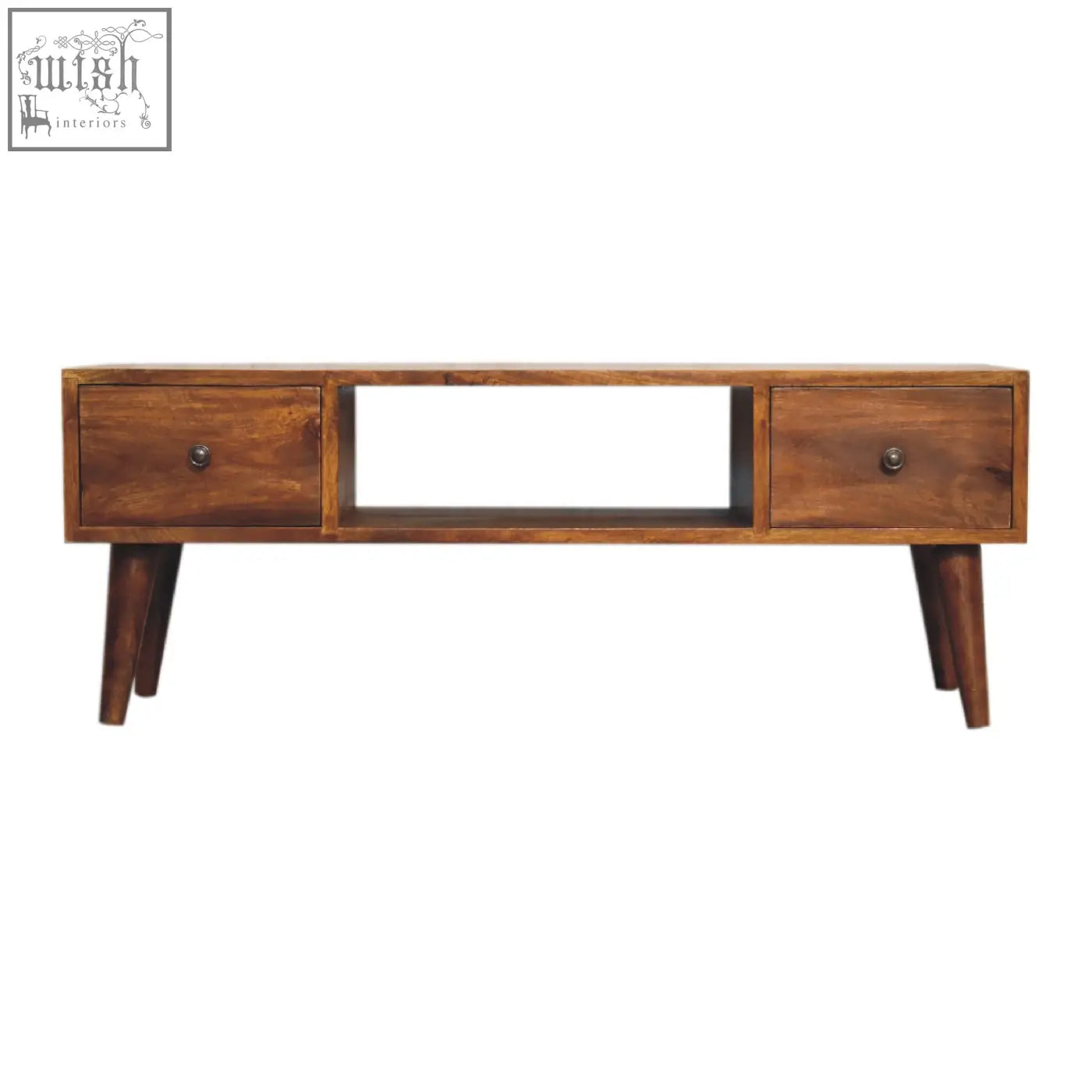 Classic chestnut coffee table in solid mango wood with clear lacquer finish featuring two drawers and open shelf