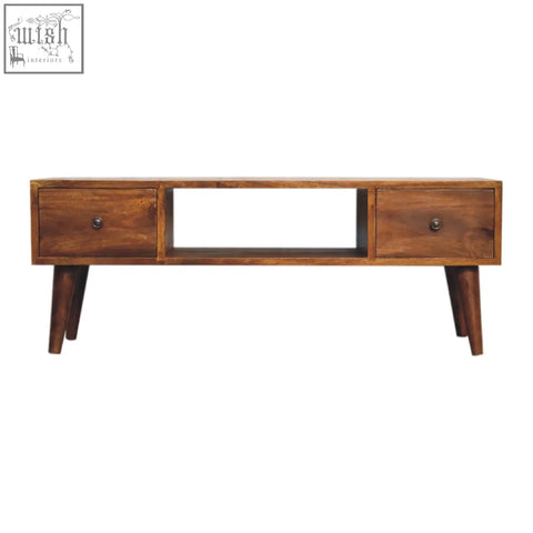 Classic chestnut coffee table in solid mango wood with clear lacquer finish featuring two drawers and open shelf