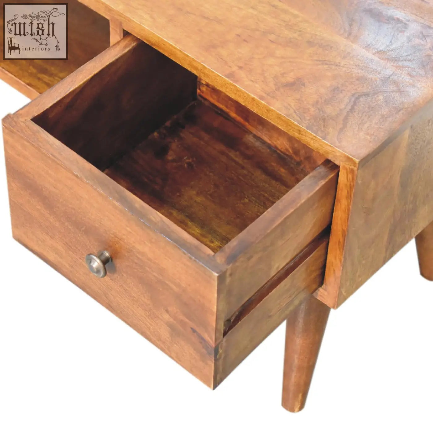 Classic chestnut coffee table made of solid mango wood with a warm brown clear lacquer finish and a single drawer