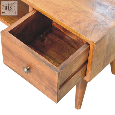 Classic chestnut coffee table made of solid mango wood with a warm brown clear lacquer finish and a single drawer
