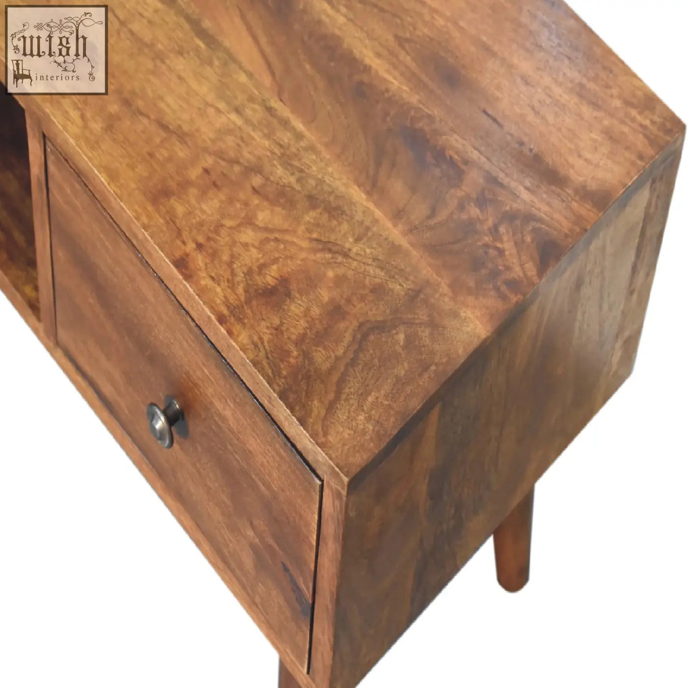 Classic chestnut coffee table in warm medium brown solid mango wood with clear lacquer finish and single drawer knob