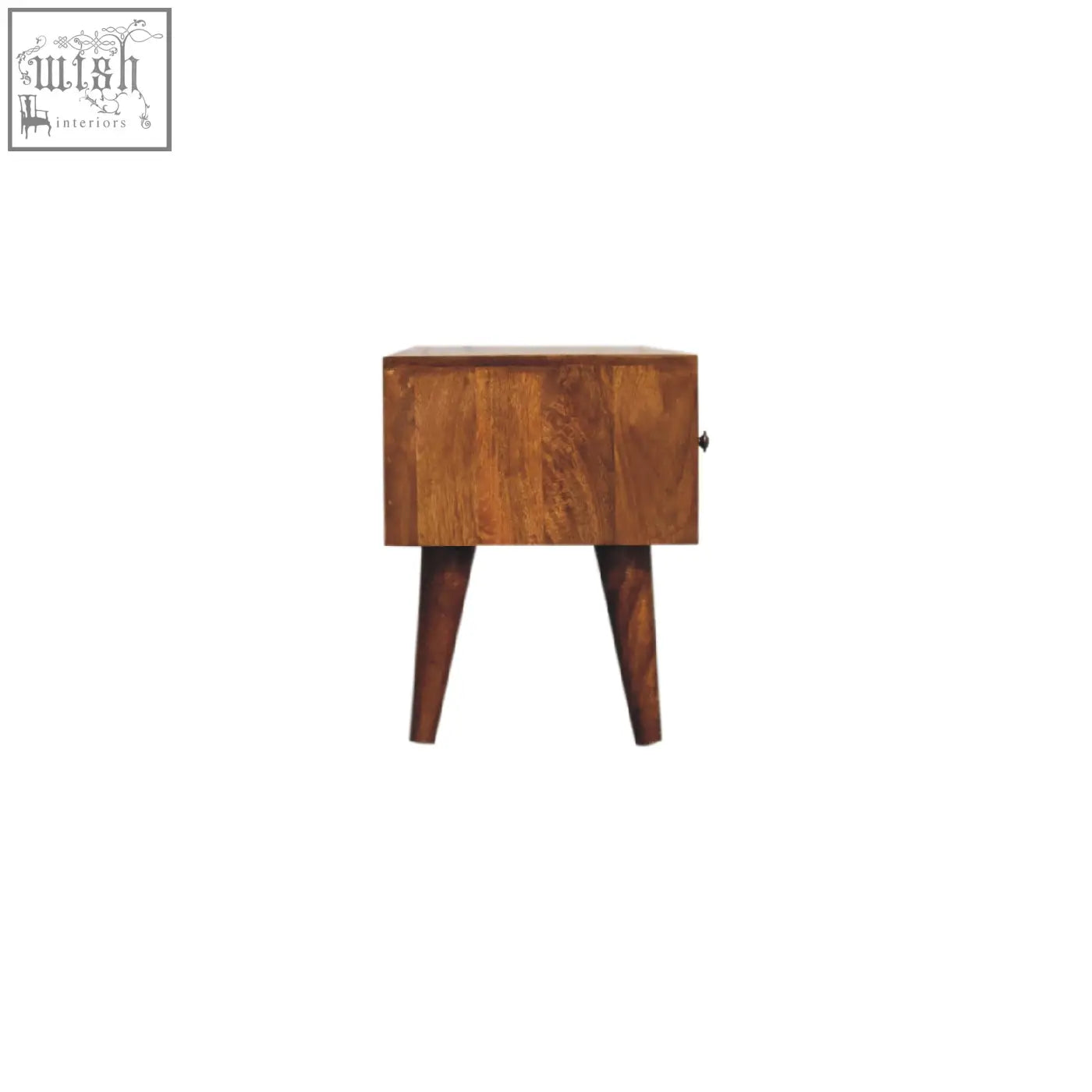 Classic chestnut coffee table with warm-toned solid mango wood, clear lacquer finish, single drawer, tapered legs