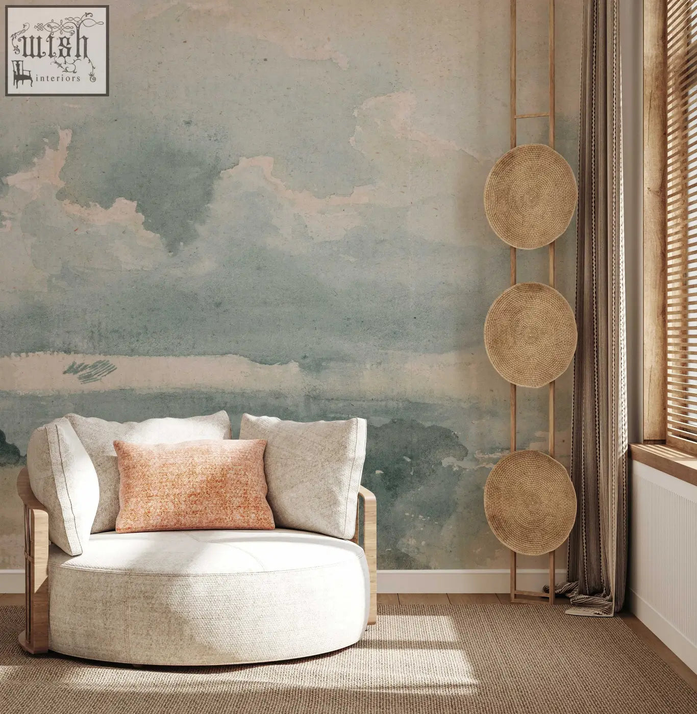 Beige upholstered round armchair with wooden frame and peach throw pillow complementing traditional paper wall mural living space