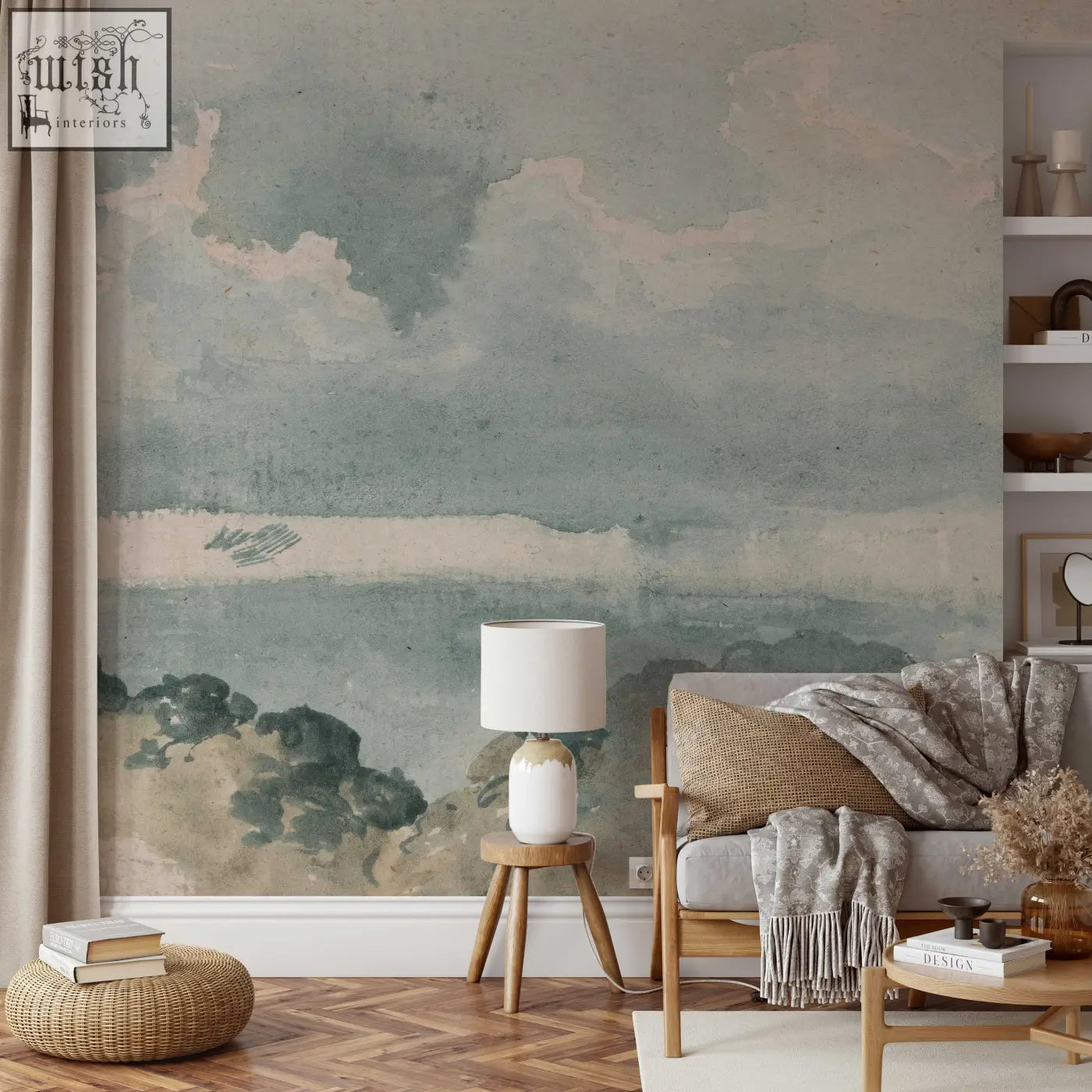 A minimalist white ceramic table lamp with matte finish and gold base on wooden stand in living space with traditional paper wall mural from contact clickwalls