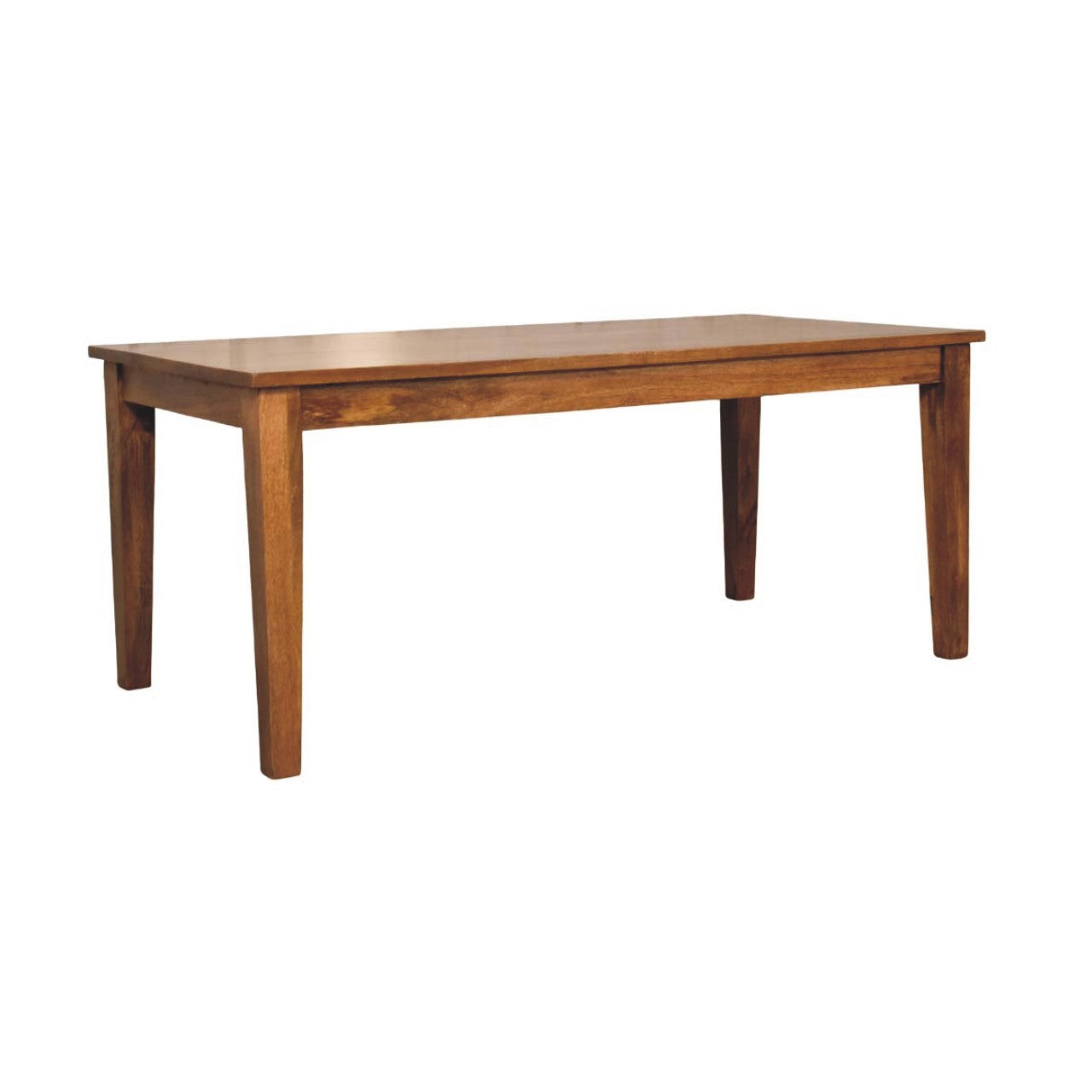 Classic golden teak solid wood dining table with warm medium brown finish and sturdy rectangular wood dining design