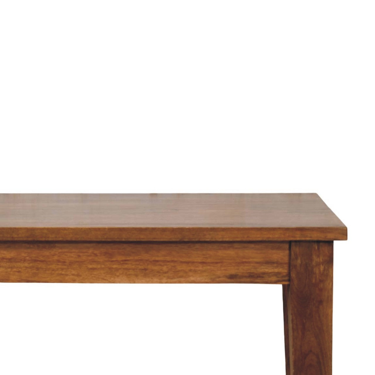 Classic golden teak solid wood dining table with warm medium-brown finish and visible natural wood grain