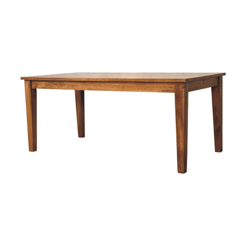 Classic golden teak solid wood dining table with warm medium-brown finish and sturdy rectangular legs for wood dining