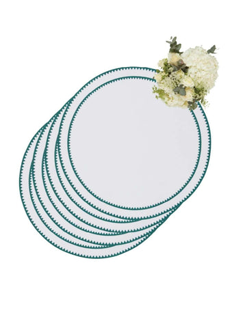 Set of six classic green round placemats with white center and teal scalloped edges perfect for dining table decor