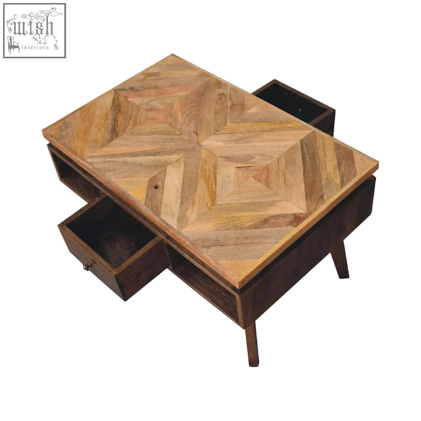 Classic grey granary coffee table with light wood herringbone top and dark brown sides with two open drawers