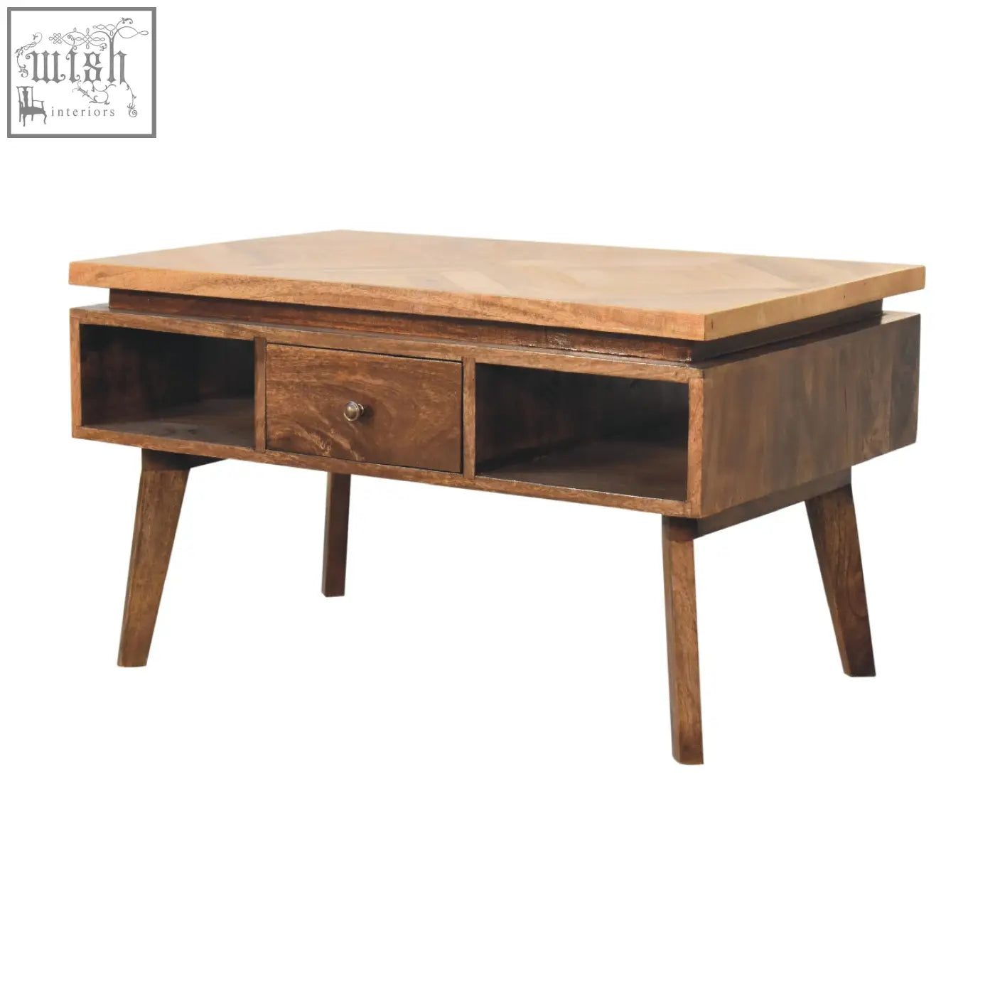 Classic grey granary coffee table with light wood top, darker sides, central drawer, and open shelves for storage