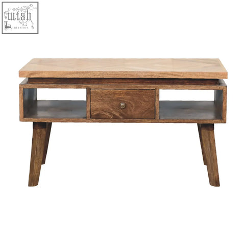 Classic grey granary coffee table with rustic wooden light top dark sides and central drawer with brass knob