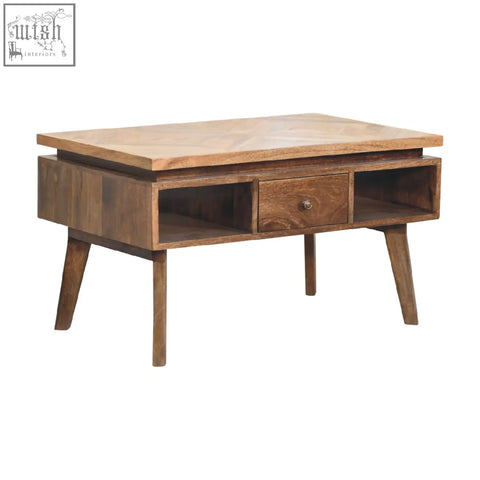 Classic grey granary coffee table with a light wooden top darker sides central drawer and open shelves for storage