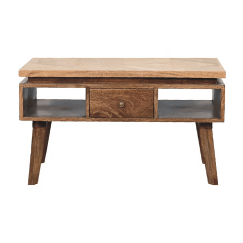 A classic grey granary coffee table with a light wooden top dark open shelves and tapered legs perfect for living rooms