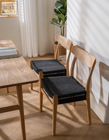 Modern wooden ch01 rattan dining chairs in light oak with black woven seat cushions perfect for rattan dining