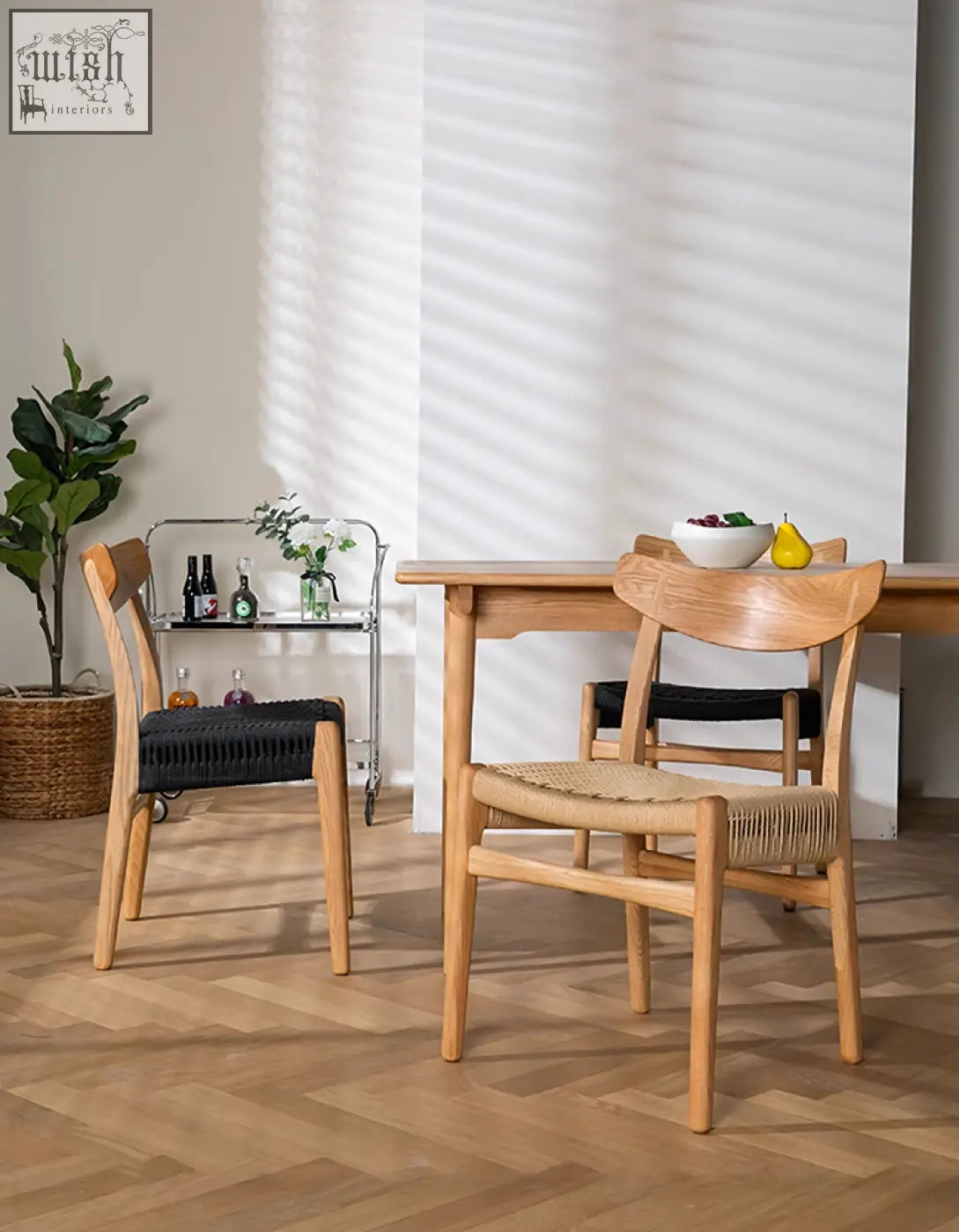Light oak ch01 rattan dining chair with woven natural fiber seat and backrest for classic rattan dining space
