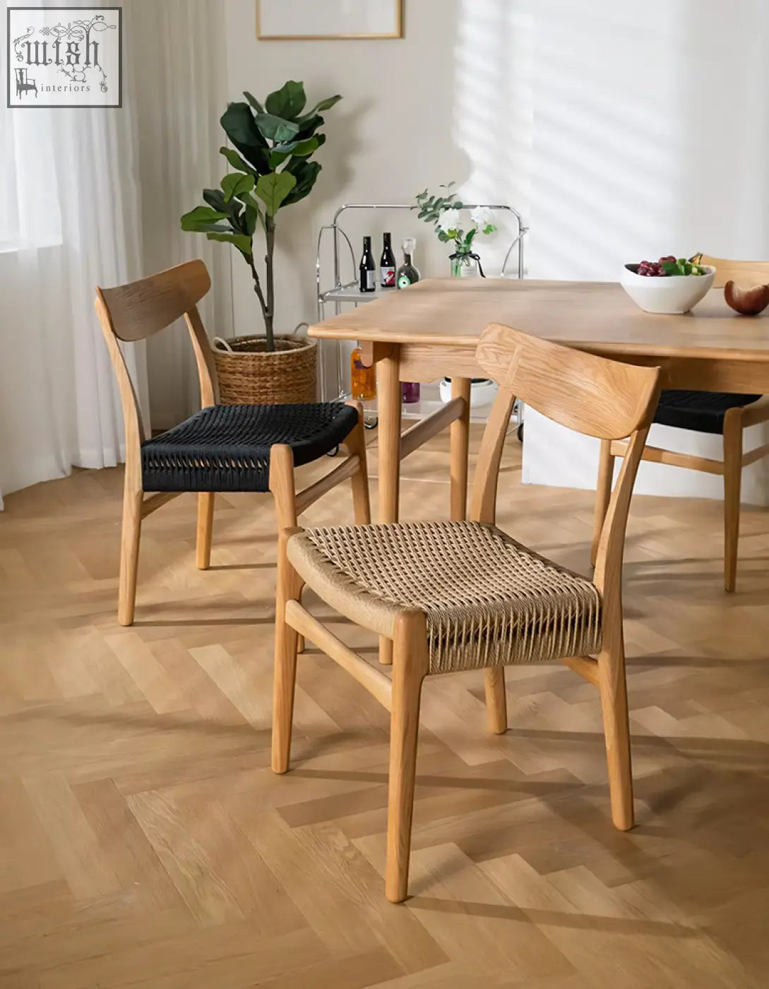 Light oak classic hans w ch01 rattan dining chair with woven natural fiber seat and black leather like backrest